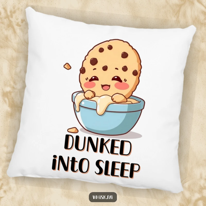 Funny pillow design of a giggling cookie crumbling as it's dunked, offering cozy comfort and edible humor.