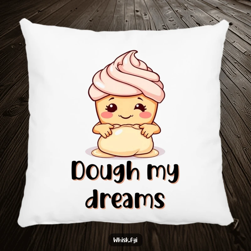 Funny pillow with a smiling cupcake, tiny hands kneading dough, providing comfort and a humorous baking theme.