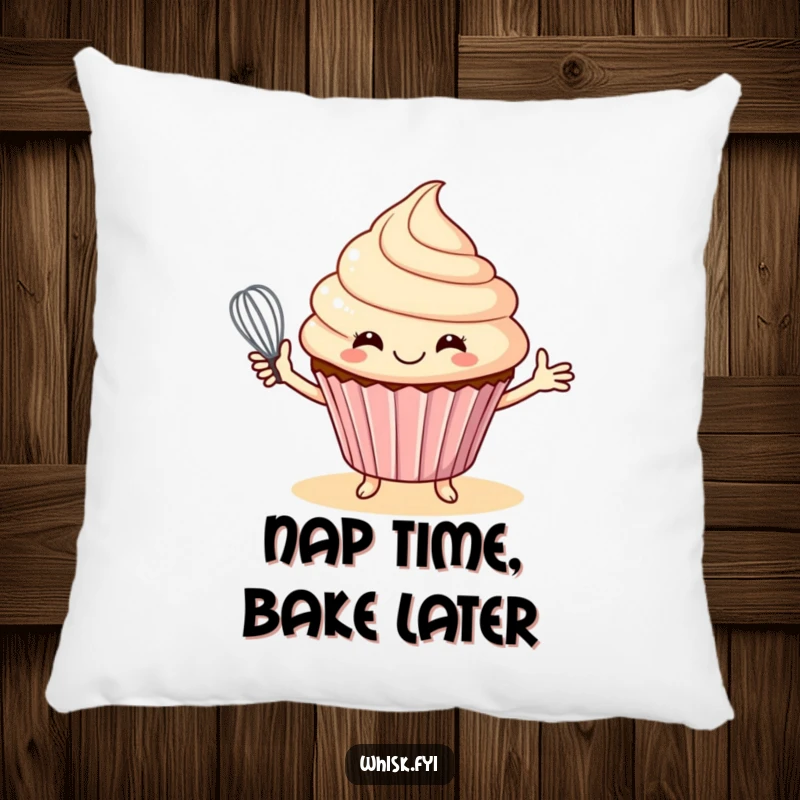 Funny pillow featuring a smiling cupcake offering a whisk, perfect for adding a sweet and humorous touch to decor.