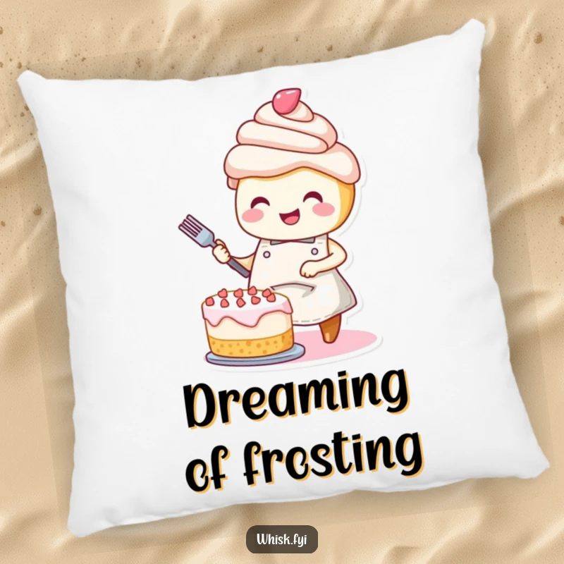 Funny pillow: A smiling cupcake with an apron, joyfully decorating a cake, adding a sweet touch.