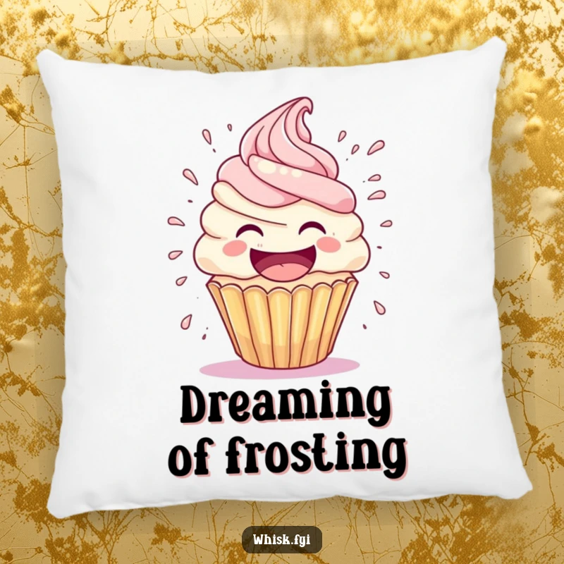 Funny cupcake pillow depicting a laughing cupcake character with frosting exploding comically, offering a soft and humorous decorative accent.