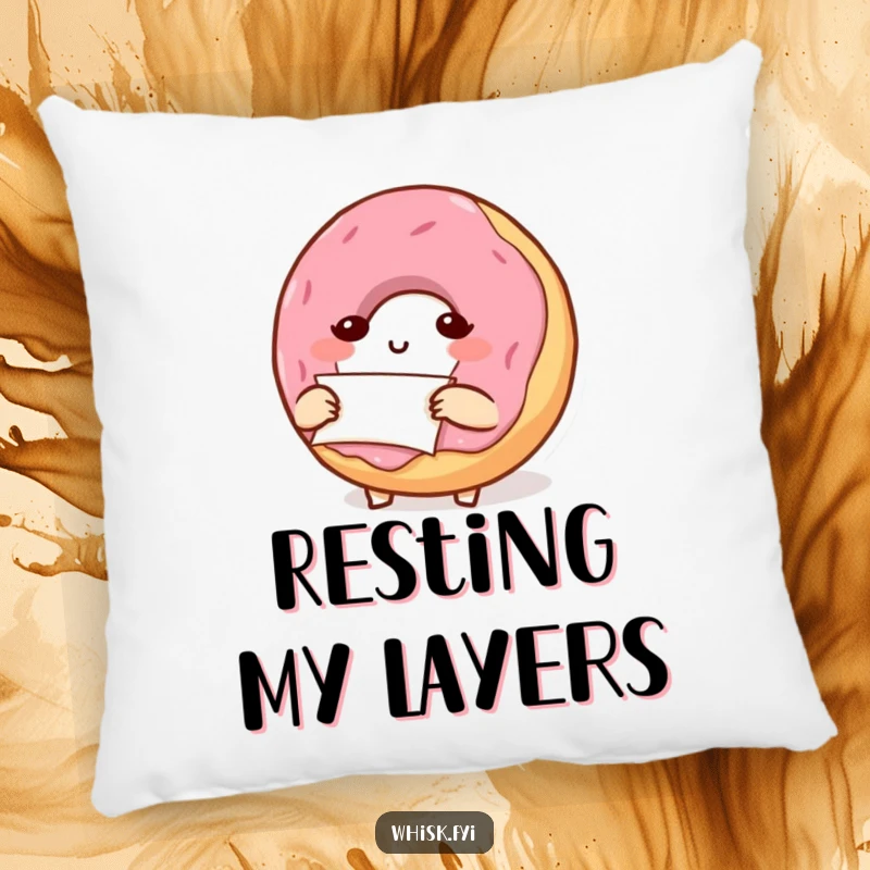 Funny, determined donut character carefully folding parchment paper, printed on a soft, decorative pillow.