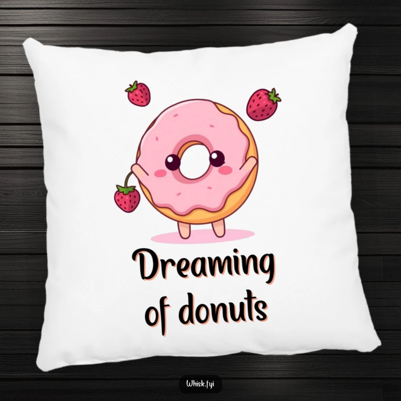 Funny pillow featuring a happy donut character playfully tossing a berry, radiating sweet cheerfulness.