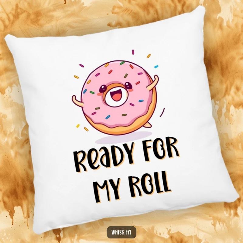 Funny donut pillow with a cheerful donut character rolling with sprinkles flying outward, providing a soft and humorous decorative element.