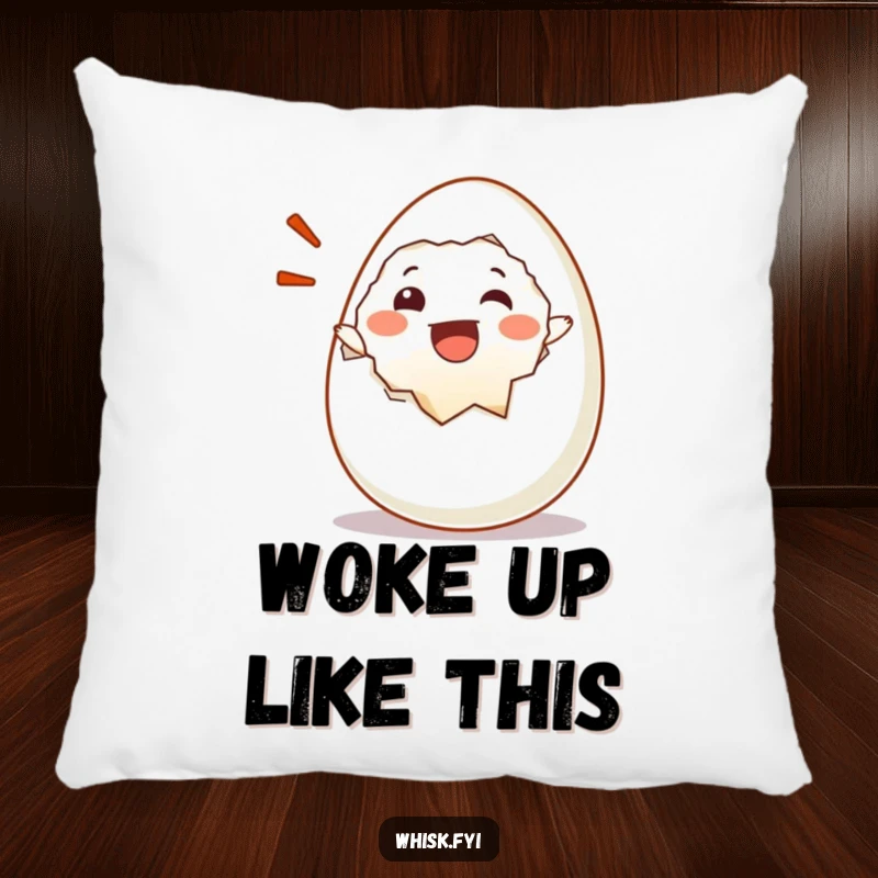 Funny pillow featuring a happy egg character cracking open with a joyful exclamation and a big smile.