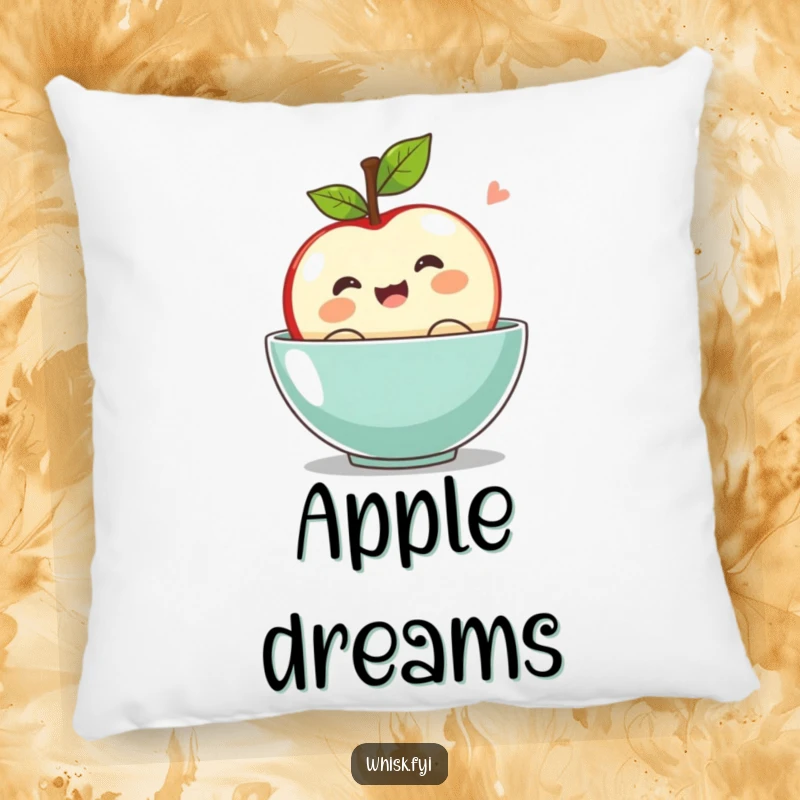 Funny kawaii apple pillow, bobbing with excitement in a bowl, soft and huggable.