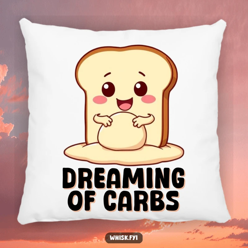 Funny kawaii bread slice enthusiastically kneading dough with a wide smile, on a soft pillow. Adds comfort and culinary humor.