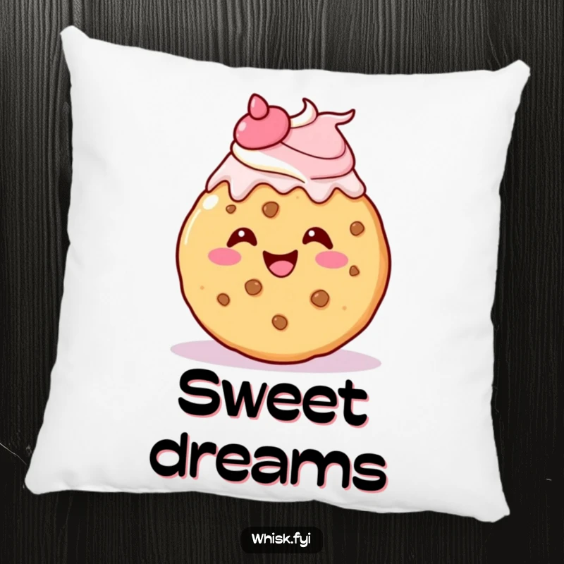 Funny kawaii cookie pillow, gleefully icing itself with a cheerful flourish, soft and huggable.