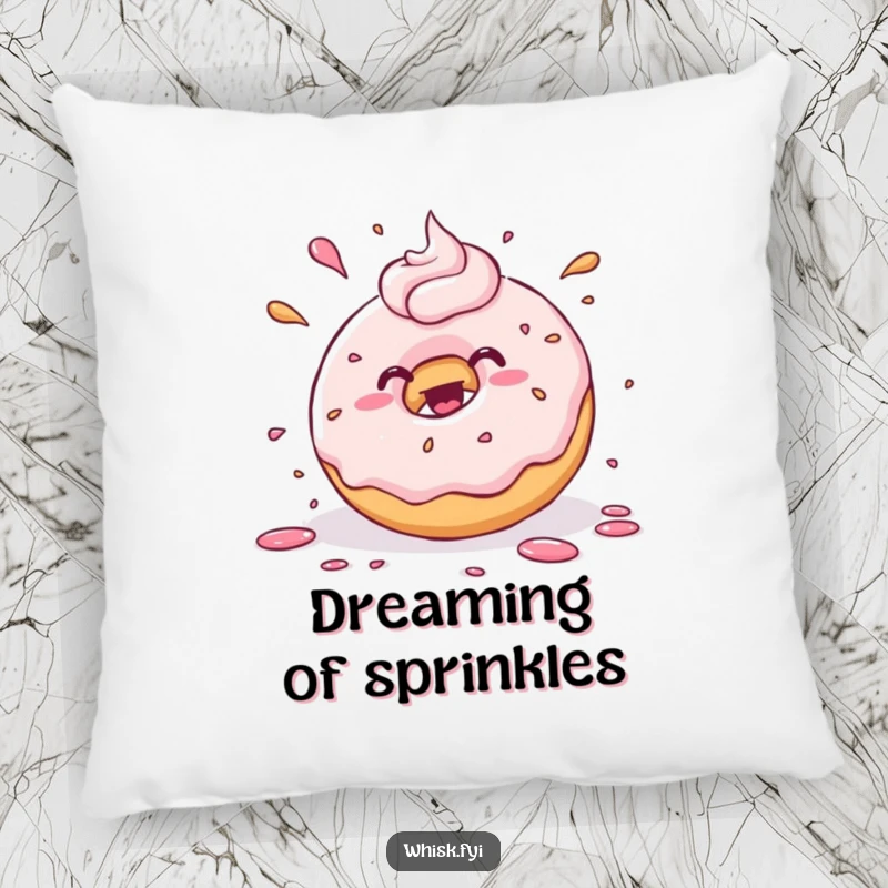 Funny kawaii donut joyfully splattering frosting with playful abandon, on a soft pillow. Adds comfort and sugary humor.
