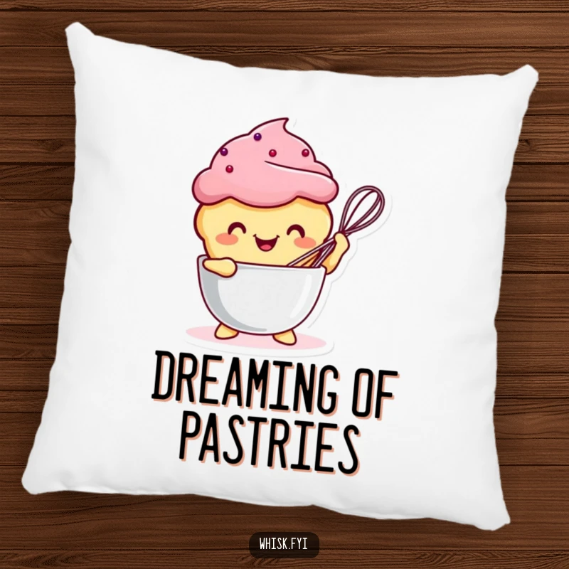 Funny Kawaii muffin character in mid-whisk action, making this a plush and humorous decorative pillow.