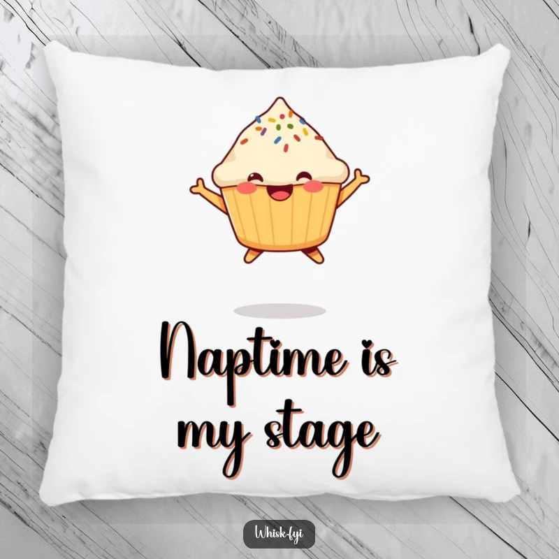 Funny Muffin Pillow showcasing a happy, airborne muffin with a sprinkle, offering comfort and a dose of delightful humor.