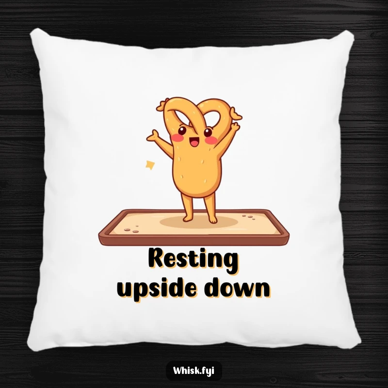 Funny pillow featuring a cheerful pretzel doing a handstand on a baking sheet, providing humorous comfort and a playful bakery touch.