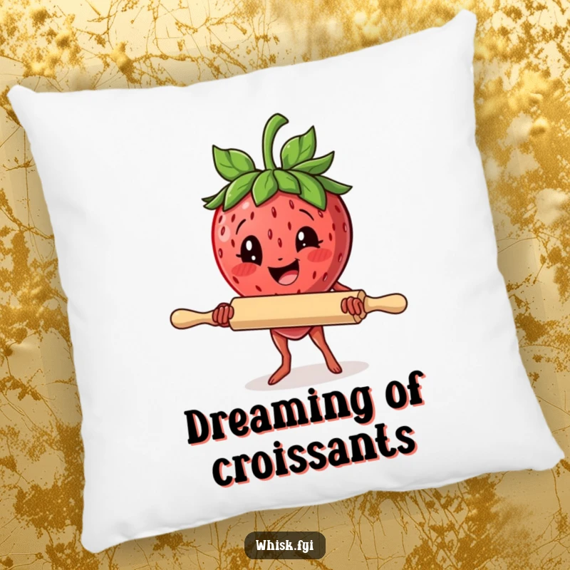 Funny pillow featuring a determined strawberry holding a rolling pin, offering comfort and baking-themed humor.