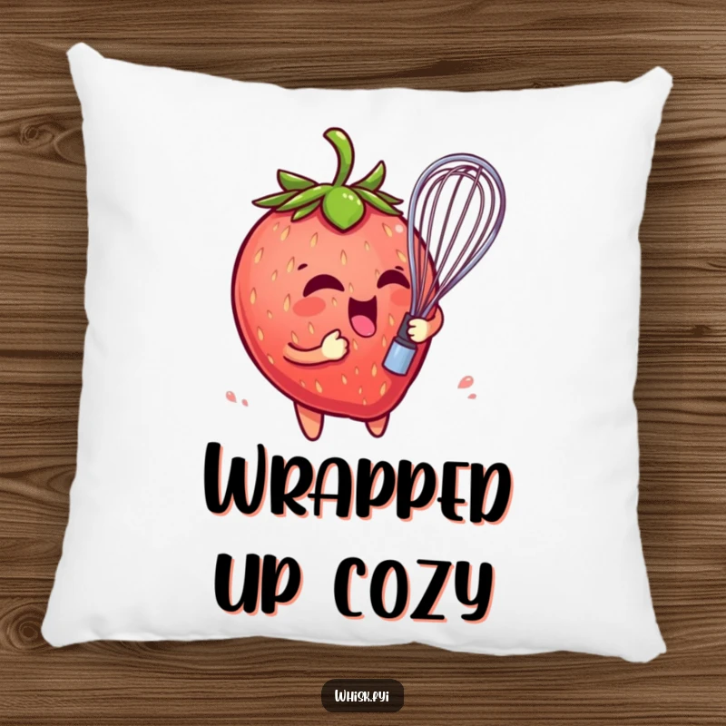 Funny pillow featuring a playful strawberry character comically entangled in a whisk, offering comfort and fruity-themed amusement.