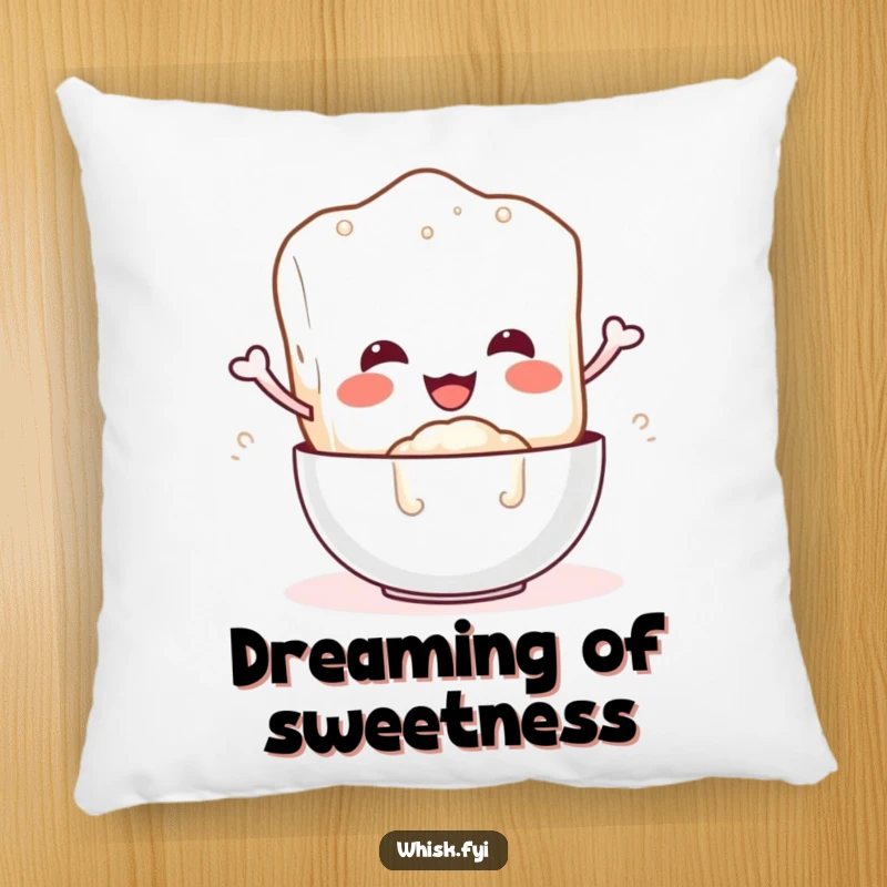 Funny pillow featuring a happy sugar cube character pouring sugar, offering comfort and sweet humor.