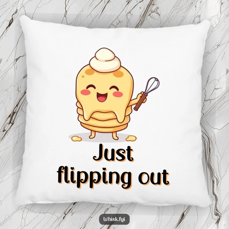 Funny pillow featuring a cheerful pancake character flipping batter with a whisk, offering comfort and breakfast-themed amusement.