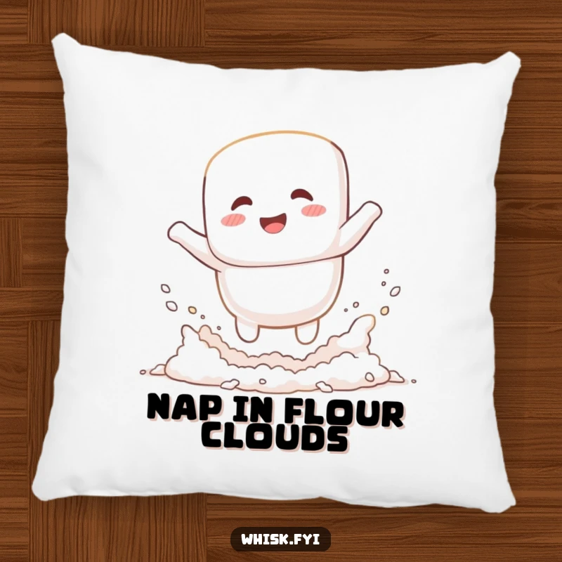 Funny giggling white marshmallow happily jumping into a cloud of flour on a soft pillow, adding baking humor to decor.