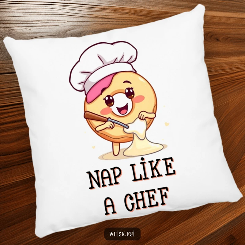 Funny pillow featuring a happy donut wearing a chef hat, joyfully mixing batter, providing humorous comfort and culinary charm.