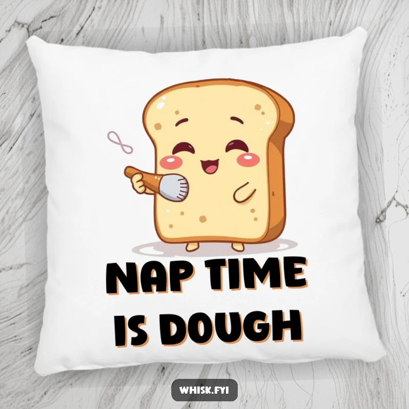 Funny pillow featuring a giggling bread slice character lightly dusting flour with a small brush, offering soft comfort and humor.