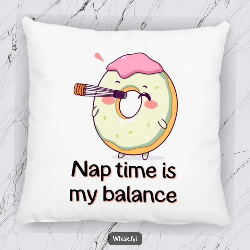 Funny donut character balancing a whisk on its nose, featured on a plush decorative pillow. A delightful, humorous accent for any room.