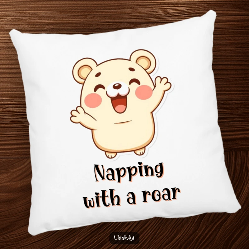 Funny happy bear claw pastry character giving a delighted cheer on a soft pillow, perfect for cozy moments.