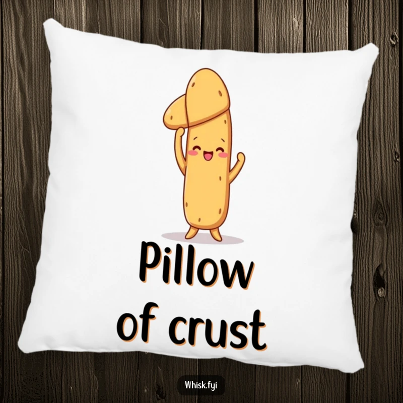 Funny Baguette Pillow: A plush pillow featuring a proud baguette holding a baked loaf, offering comfort and humorous celebration.