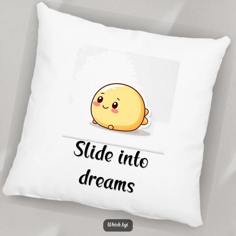 Funny pillow featuring a wobbly, round butter character happily sliding, offering comfort and a touch of smooth humor.