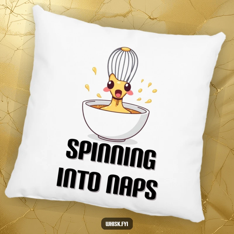 Funny Whisk Pillow showcasing a surprised whisk spinning wildly in a bowl, adding comfort and humorous kitchen vibes.