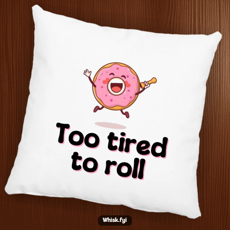 Funny pillow featuring a joyful donut character jumping with a rolling pin, perfect for adding sweet humor to decor.