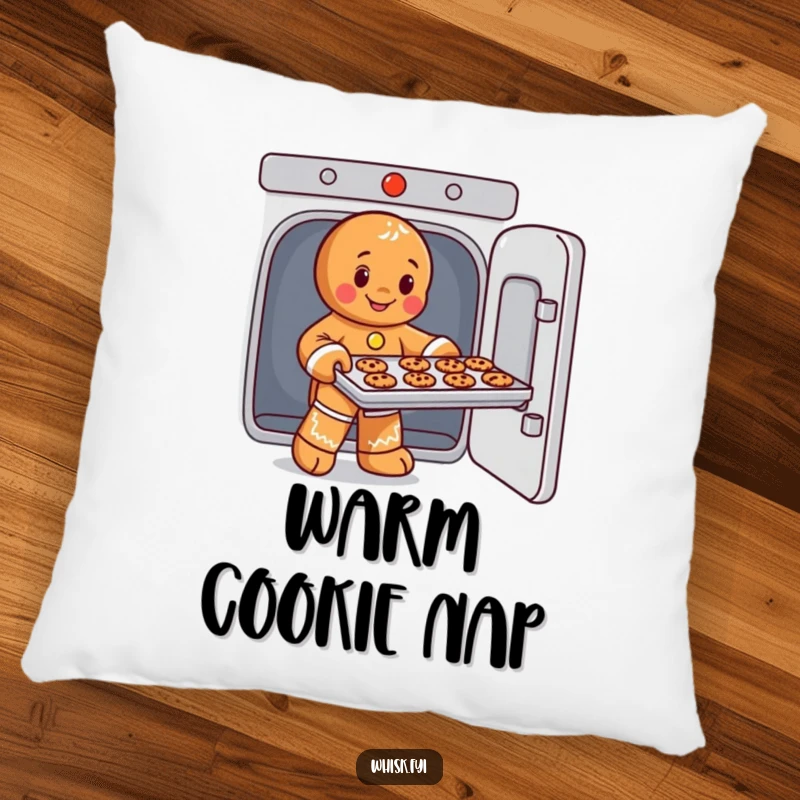 Funny pillow featuring a playful gingerbread man character taking cookies out of an oven, perfect for adding a cozy touch.