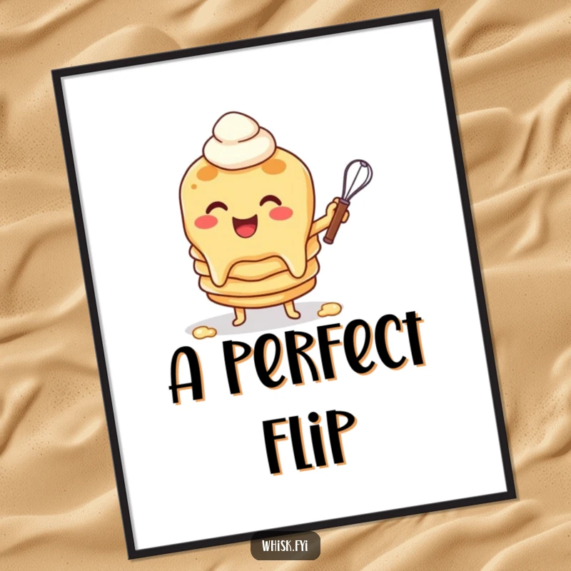 Funny digital art print of a cheerful pancake character flipping batter with a whisk, perfect for adding breakfast humor to decor.