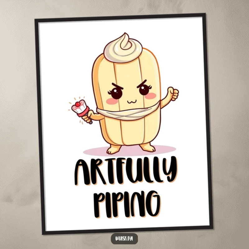 Funny baguette digital art print of a determined baguette character bravely piping frosting, ready to inspire.