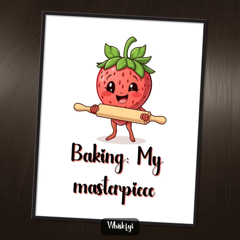 Funny digital art print of a delighted strawberry holding a rolling pin with determination, instant humorous wall decor.