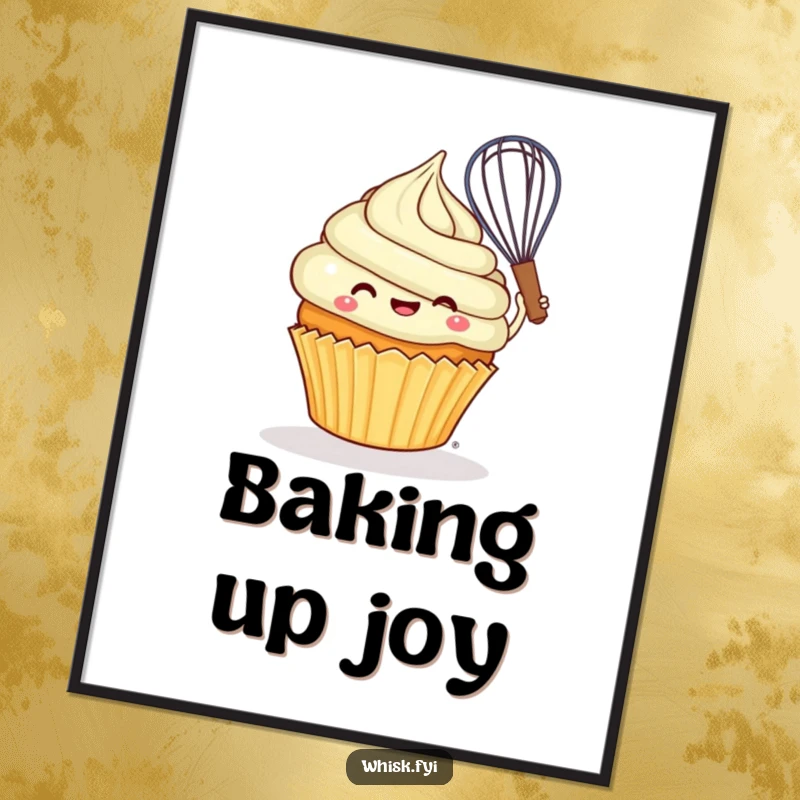 Funny cheerful cupcake joyfully swirling batter with a whisk on a humorous digital art print.