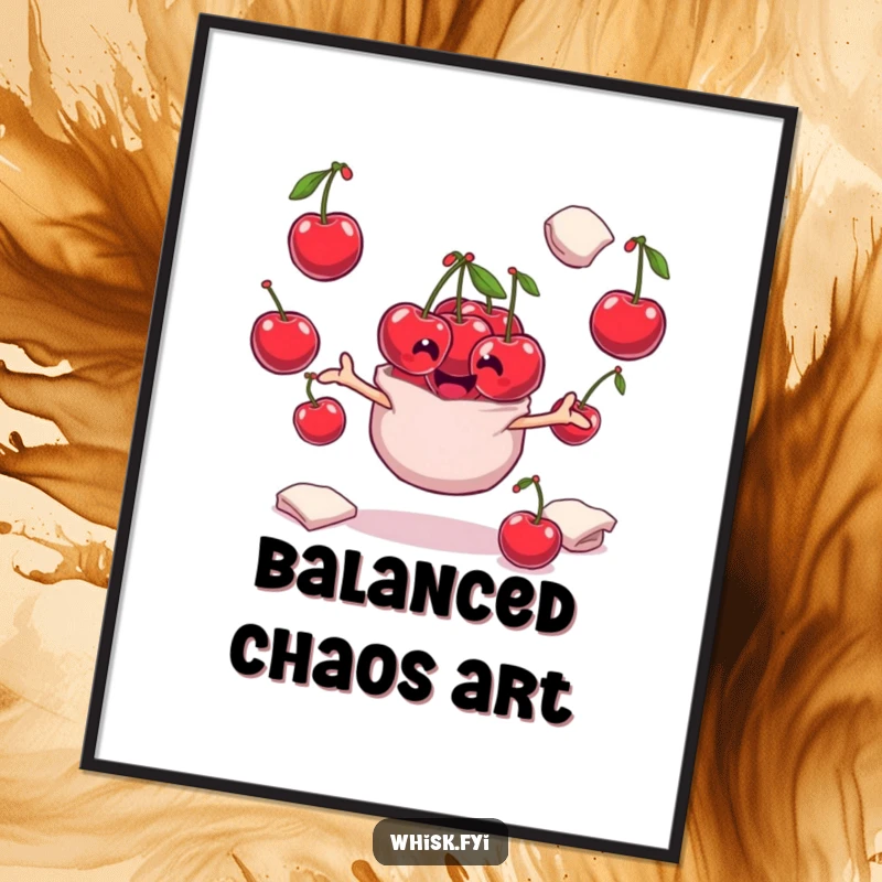 Funny playful bunch of cherries character juggling flour sacks, presented as a vibrant digital art print.