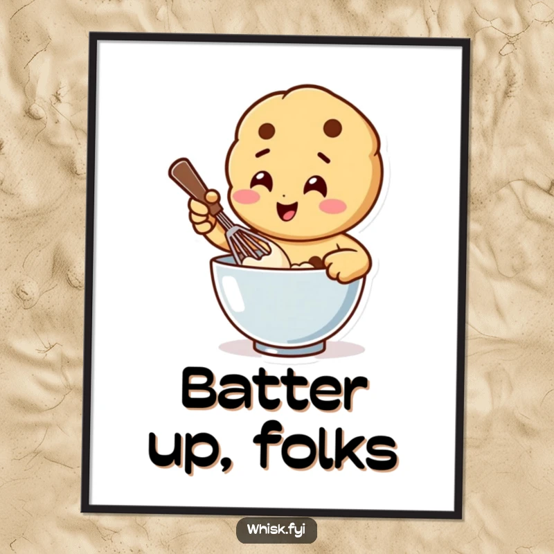 Funny digital art print of a happy cookie character vigorously whisking batter in a bowl, perfect for humorous kitchen decor.