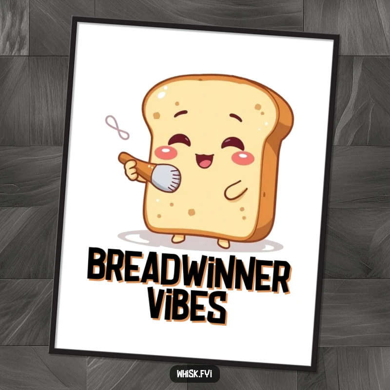 Funny digital art print of a giggling slice of bread character dusting flour with a tiny brush, a whimsical and humorous piece.