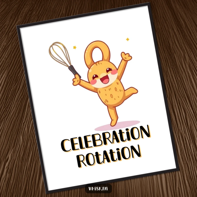 Funny digital art of a pretzel performing a joyful somersault with a whisk, celebrating the fun of baking.