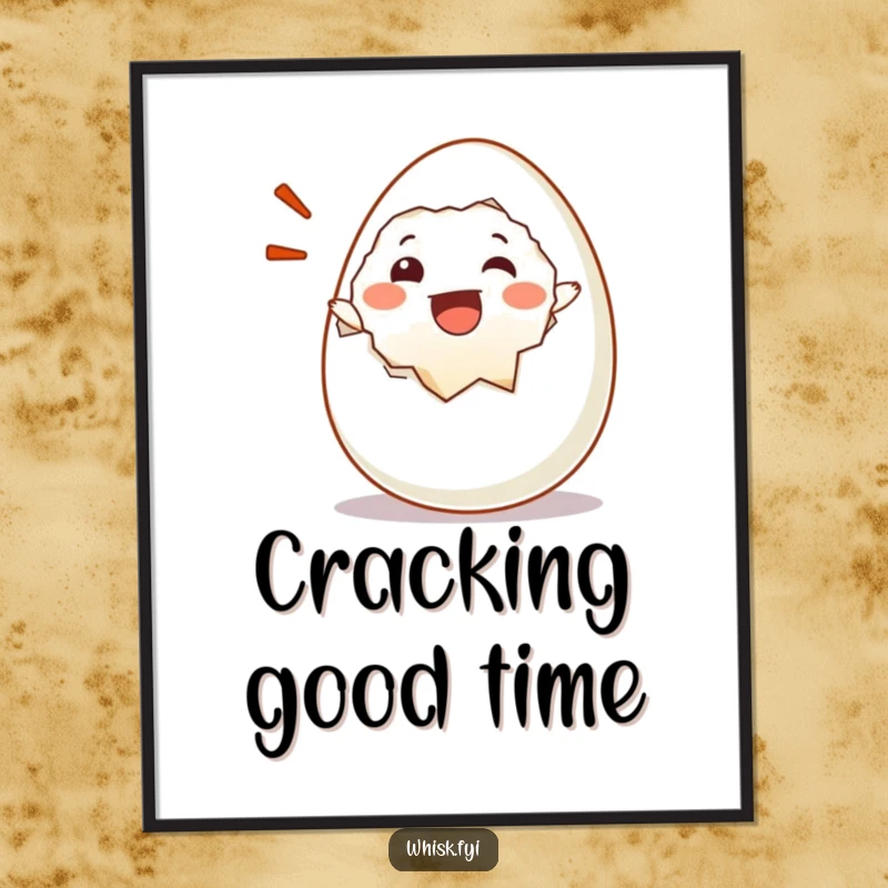 Funny digital art print of a happy egg character cracking open with a joyful exclamation, symbolizing pure delight.