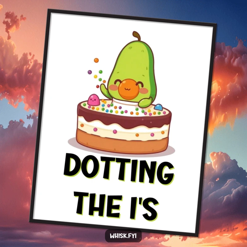 Funny green avocado character in an apron sprinkling colorful dots onto a cake, instant art download.