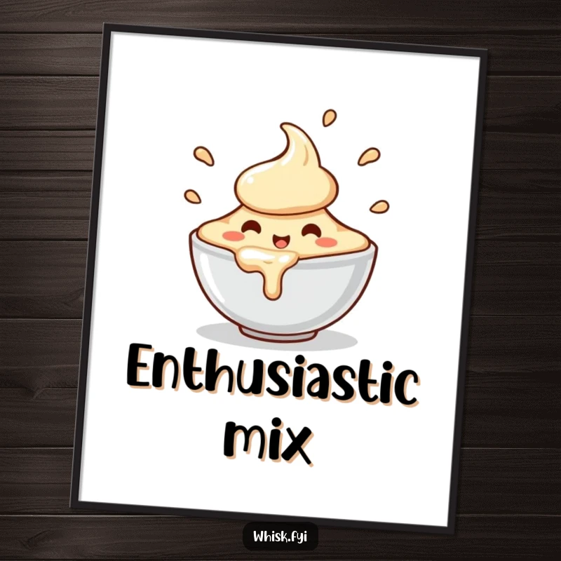 Funny digital art print of a charming, happy bowl of batter character spilling with enthusiastic motion, adding kitchen charm.