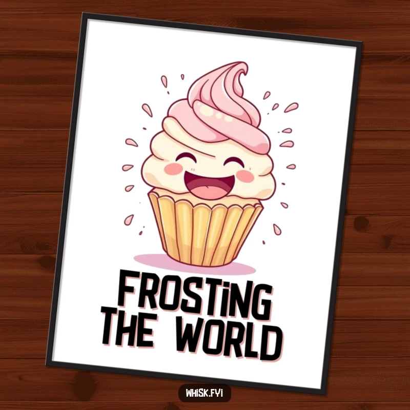 Funny cupcake digital art print of a laughing cupcake character with frosting exploding comically, ideal for instant download decor.