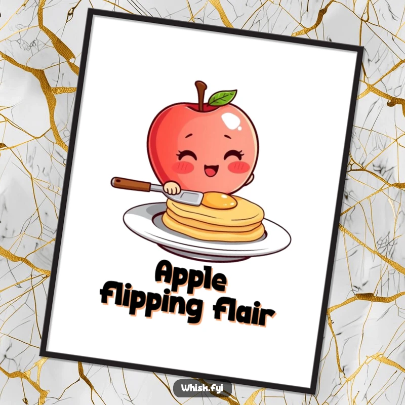 Funny blushing red apple character with a tiny spatula flipping a pancake with flair, available as instant download digital art print.