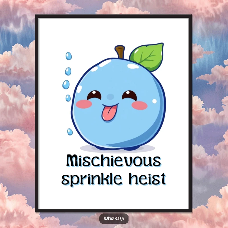 Funny cheerful blue blueberry character with a mischievous grin catching a falling sprinkle with its tongue, available as instant download.
