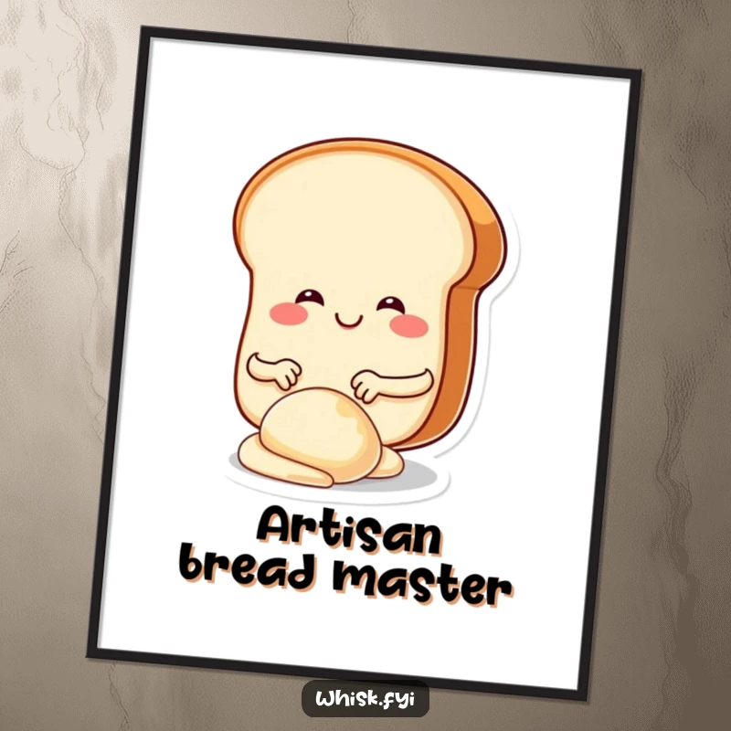Funny, smiling slice of bread character actively kneading dough, available as a downloadable digital art print for kitchens.