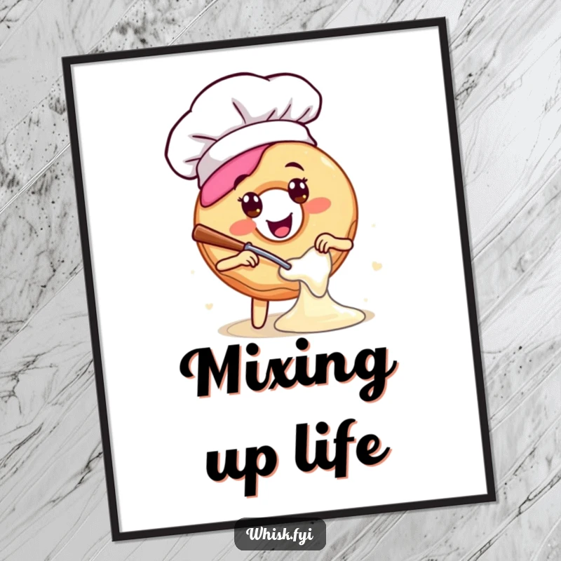 Funny digital art print of a happy donut wearing a chef hat, enthusiastically mixing batter, perfect for adding culinary humor to decor.