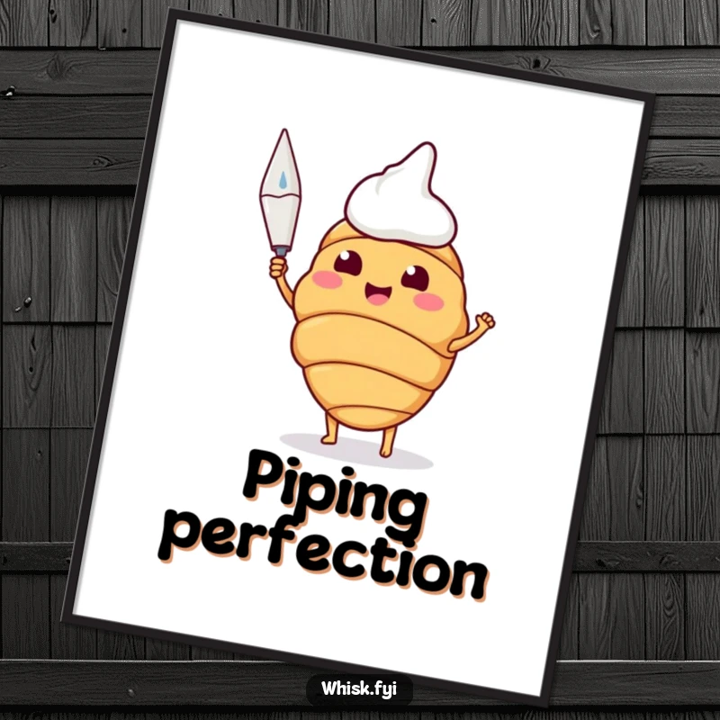 Funny digital art print of a happy croissant proudly holding a piping bag, ready to print.