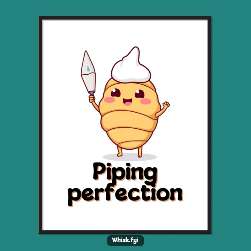 Funny Croissant Baker Digital Art Print: Happy Pastry Chef Holding Piping Bag Decor