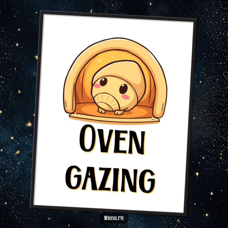 Funny croissant digital art print of a curious croissant character peeking into a warm oven, ready to delight.