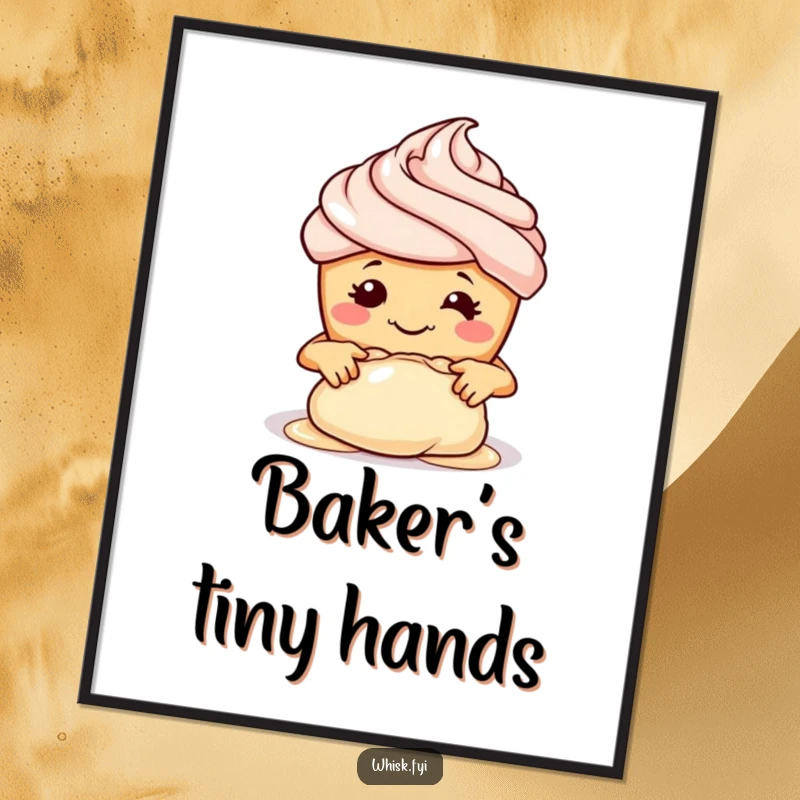 Funny digital art print of a smiling cupcake baker, adorably kneading dough with tiny hands, ready to print.
